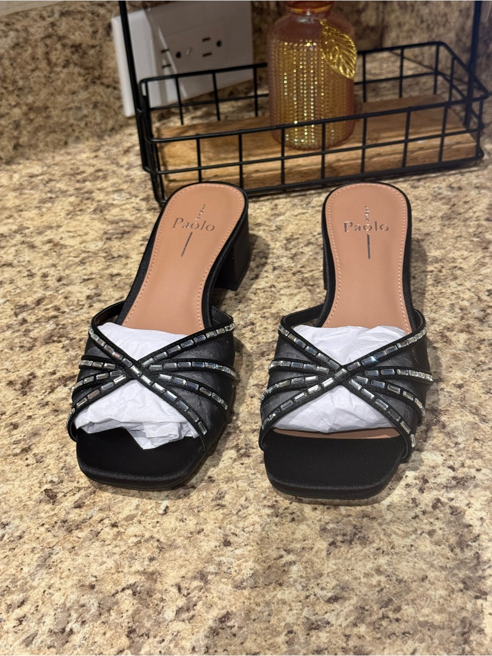 Linea Paolo Ivona Black Mules Low Block Heel Mesh Inserts Jewel Trim